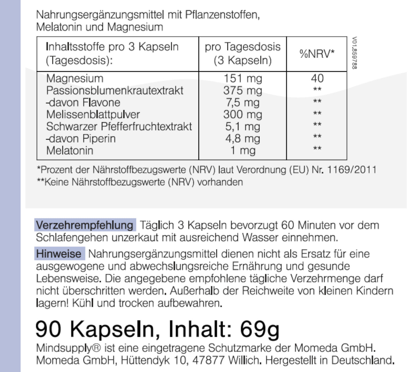 Inhaltsstoffe und Verzehrempfehlung des Nahrungsergänzungsmittels 23:Sleep main