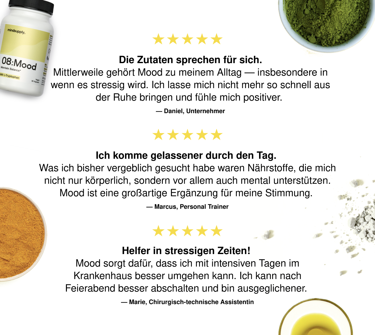 Drei positive, deutsche Rezensionen des Nahrungsergänzungsmittels 08:Mood mit fünf von fünf Sternen Deutsch