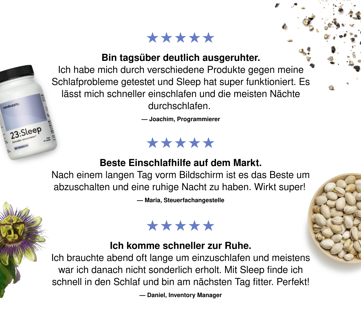 Drei positive, deutsche Rezensionen des Nahrungsergänzungsmittels 23:Sleep mit fünf von fünf Sternen Deutsch
